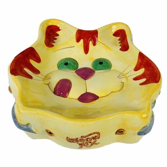 Meow Mix Cat Food Bowl Ceramic Advertising Kitty Green Eye Vintage 2002 Tabby - Picture 1 of 13
